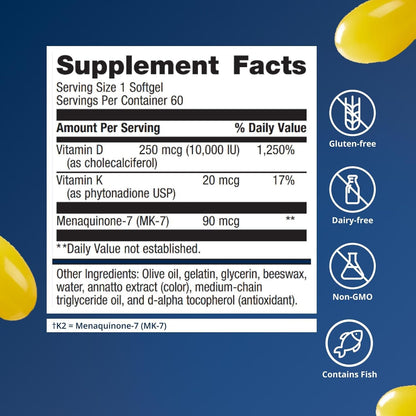 Metagenics Vitamin D3 and Vitamin K2 10,000 IU with MK-7- Vitamin D3 with K2 for Immune Support, Bone & Heart Health-Non-GMO, Gluten-Free-60 Softgels