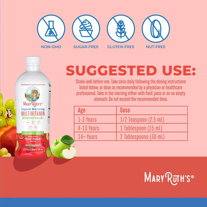 MaryRuth Organics Liquid Morning Multivitamin Essentials+ | Vitamin A C D E B6 B12 Biotin Zinc, Mens Womens Multivitamin, Immune Support, Beauty | Sugar Free | Vitamins for Ages 1+ | Vegan | 32 Fl Oz