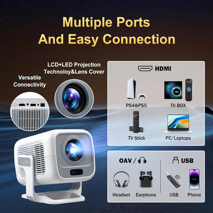 1080P Portable Projector, 180 ANSI Lumens LED Mini Projector, 0.8:1 Short Throw, Auto Focus & Keystone, WiFi6 & BT5.4, Android 11, Home Theater Outdoor Movie Projector Compatible with HDMI/USB/Airplay