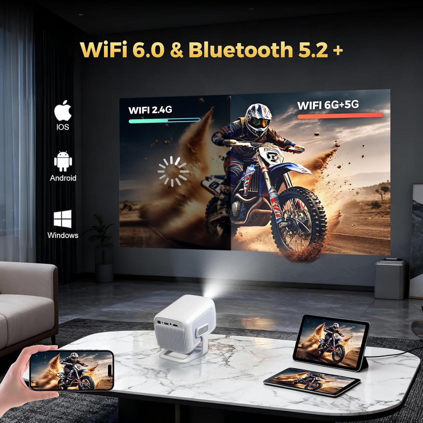 1080P Portable Projector, 180 ANSI Lumens LED Mini Projector, 0.8:1 Short Throw, Auto Focus & Keystone, WiFi6 & BT5.4, Android 11, Home Theater Outdoor Movie Projector Compatible with HDMI/USB/Airplay