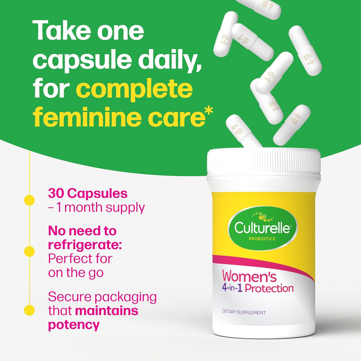 Culturelle Probiotics for Women with Prebiotics - 4-in-1 for Vaginal, Digestive, Urinary & Immune Health - pH Balance, Bloating & Gas Relief - Daily Vegetarian Capsules, Non-GMO - 30 Count