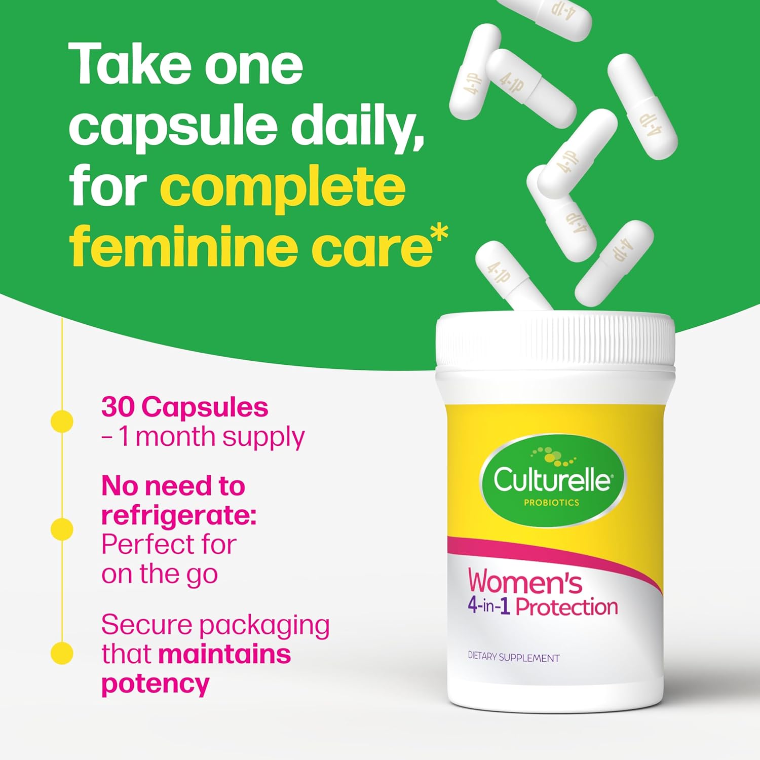 Culturelle Probiotics for Women with Prebiotics - 4-in-1 for Vaginal, Digestive, Urinary & Immune Health - pH Balance, Bloating & Gas Relief - Daily Vegetarian Capsules, Non-GMO - 30 Count