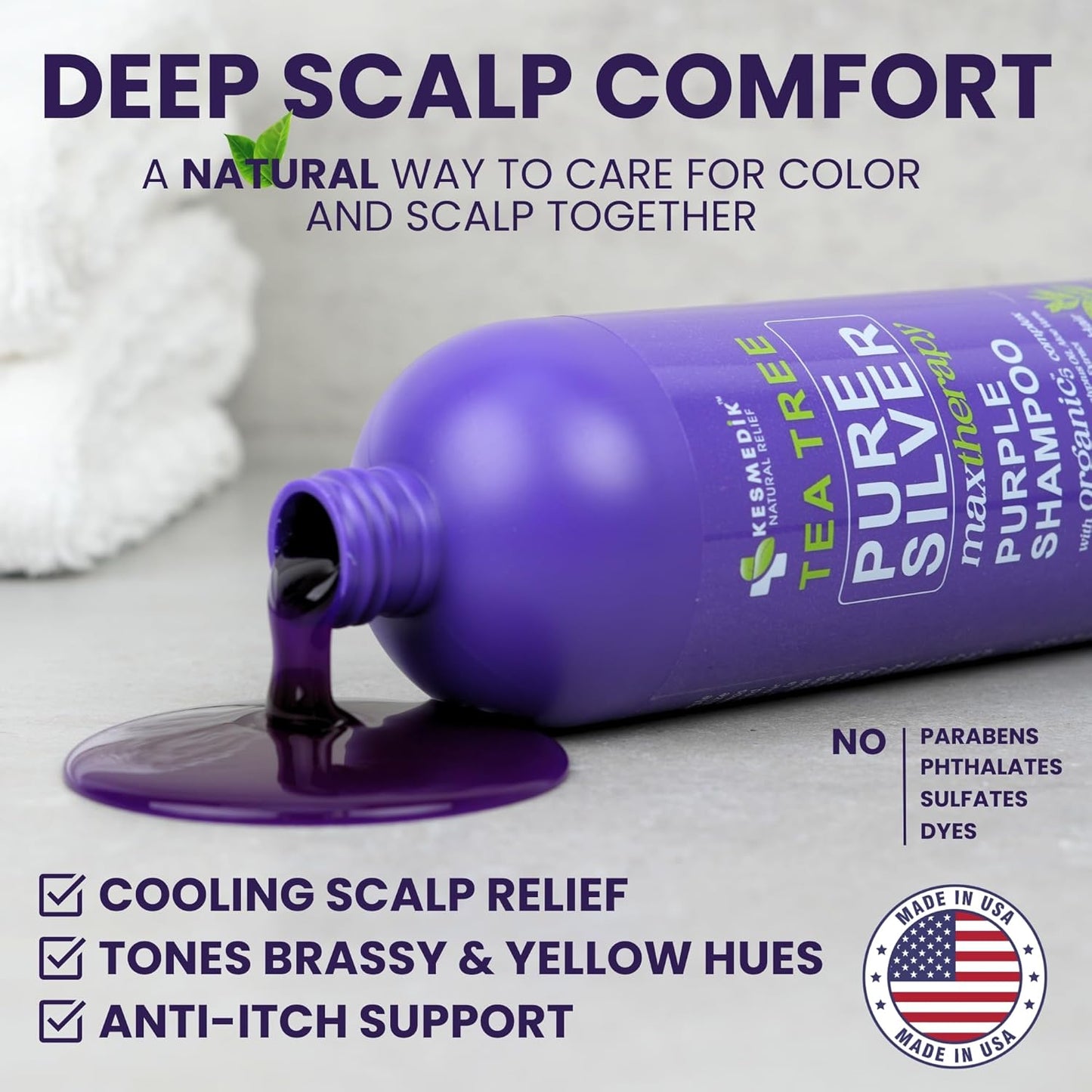 KESMEDIK Tea Tree Purple Shampoo with Rosemary & Aloe, Professional Anti Brass Toner, Removes Yellow Tones for Gray, Bleached, White & Blonde Hair, Nourishes & Refreshes Scalp, Sulfate-Free, 16 fl oz