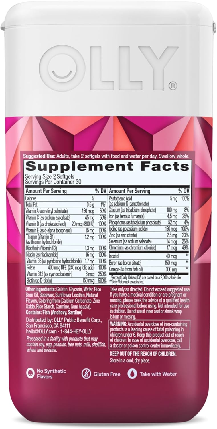 OLLY Ultra Strength Women's Multi Softgels, Overall Health and Immune Support, Omega-3s, Iron, Vitamins A, D, C, E, B12, Daily Multivitamin, 30 Day Supply - 60 Count