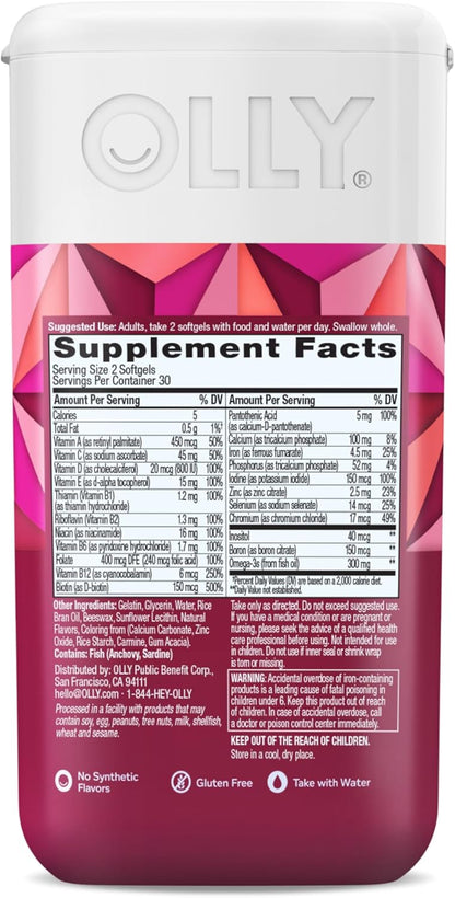 OLLY Ultra Strength Women's Multi Softgels, Overall Health and Immune Support, Omega-3s, Iron, Vitamins A, D, C, E, B12, Daily Multivitamin, 30 Day Supply - 60 Count