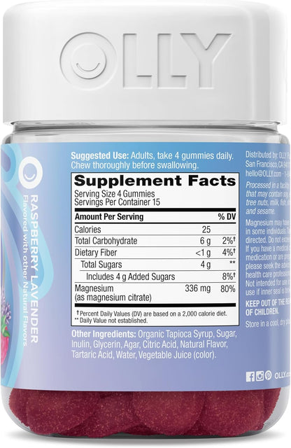 OLLY Relaxing Magnesium Gummies, Supports Muscle Relaxation*, Magnesium Citrate, Raspberry Lavender Flavor, 15 Day Supply - 60 Count