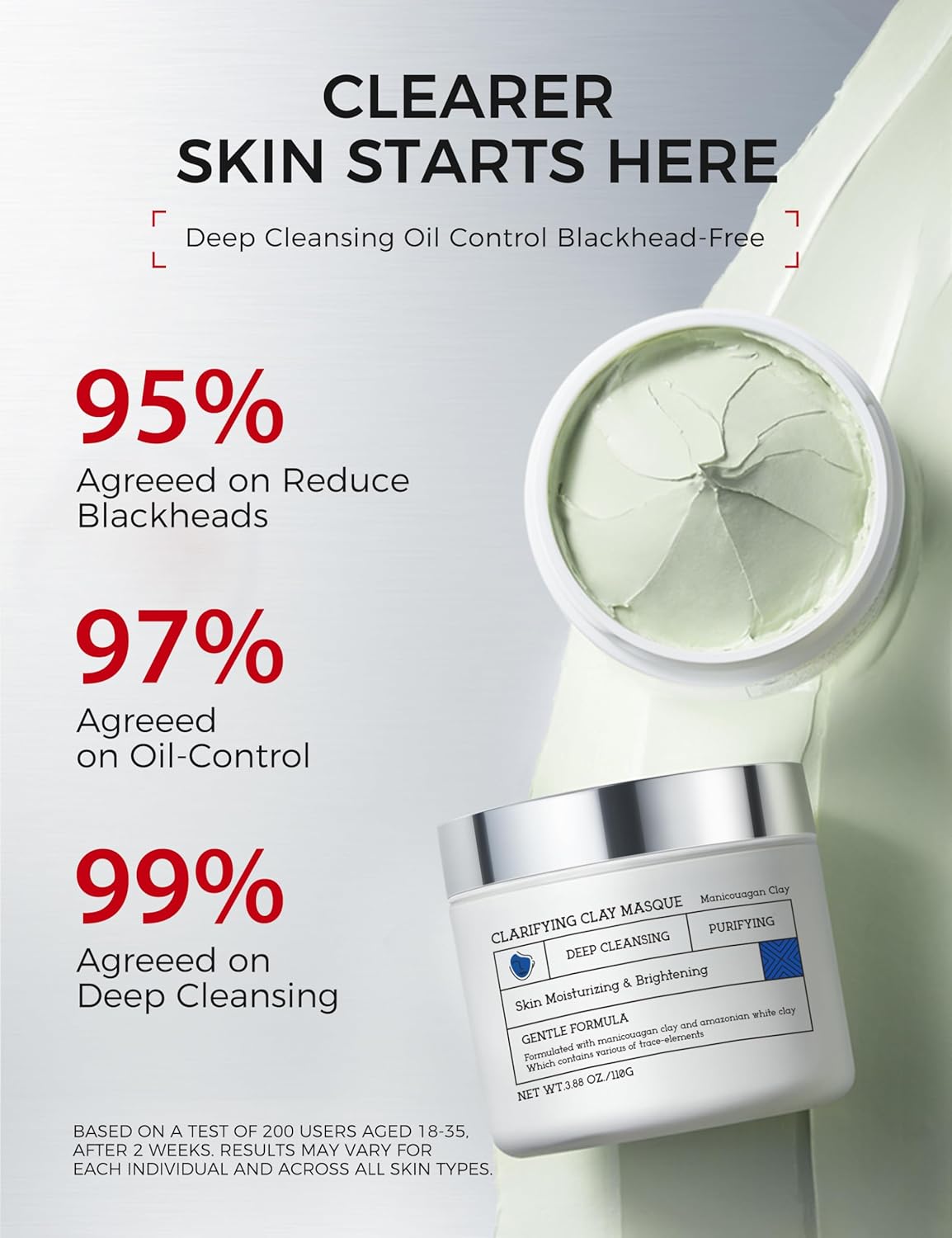 NING DERMOLOGIE Clay Mask for Face & Sensitive Skin: Triple Mud Formula Deep Cleans Pores Reduces Acne Balances Oil & Improves Texture - 3.88 Oz