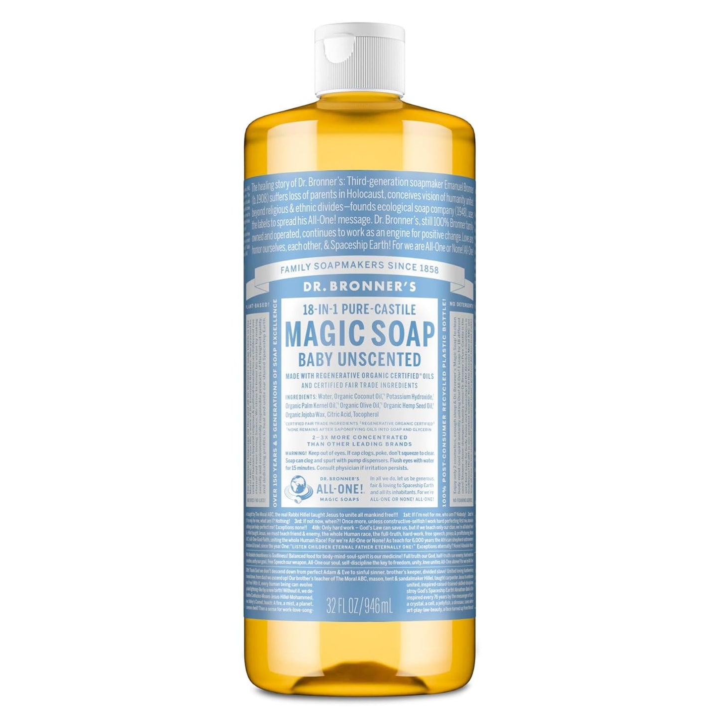 Dr. Bronner's Pure-Castile Magic Soap Liquid (Baby Unscented, 32 Ounce) – Made with Regenerative Organic Certified Oils – For Sensitive Skin, Babies, Face, Hair, Laundry, Dishes, Hand Soap & Body Wash