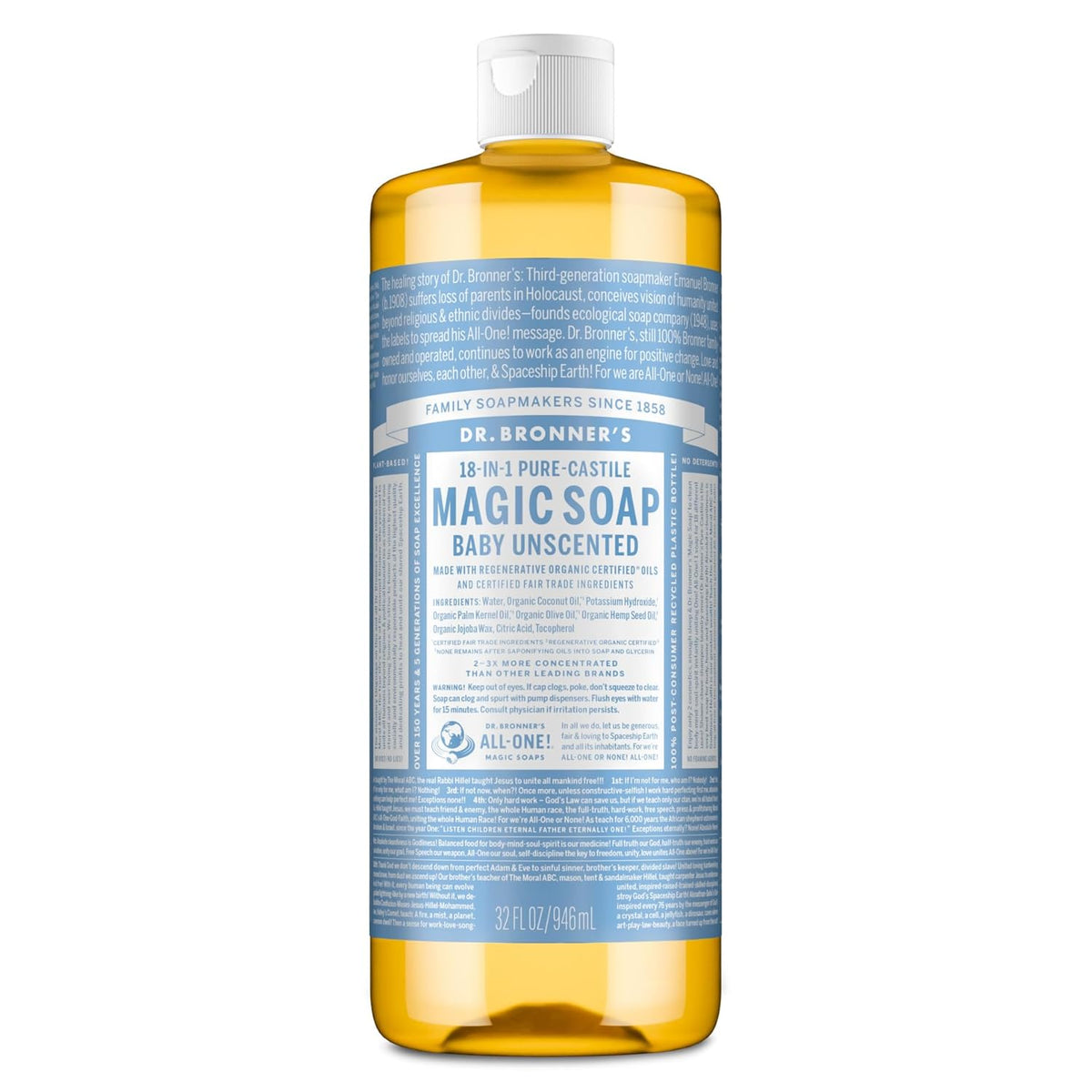 Dr. Bronner's Pure-Castile Magic Soap Liquid (Baby Unscented, 32 Ounce) – Made with Regenerative Organic Certified Oils – For Sensitive Skin, Babies, Face, Hair, Laundry, Dishes, Hand Soap & Body Wash