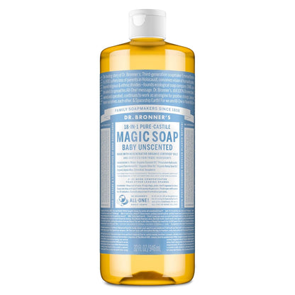 Dr. Bronner's Pure-Castile Magic Soap Liquid (Baby Unscented, 32 Ounce) – Made with Regenerative Organic Certified Oils – For Sensitive Skin, Babies, Face, Hair, Laundry, Dishes, Hand Soap & Body Wash