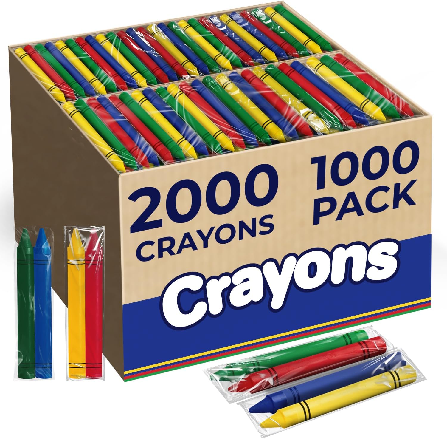 Rosmonde Crayons Bulk Pack, 1000 Sets of 2 Pack (2000 Count), 2 Assorted Colors, Non-Toxic Coloring Crayons, Individually Wrapped Sets, Classroom Supplies, Party Favors, Restaurants, Party Giveaways