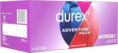 Durex Condoms Variety Adventure Pack, Mix of Durex Extra Sensitive Smooth & Stimulating & Performax Intense Ribbed & Dotted Latex Condoms, 144 Count