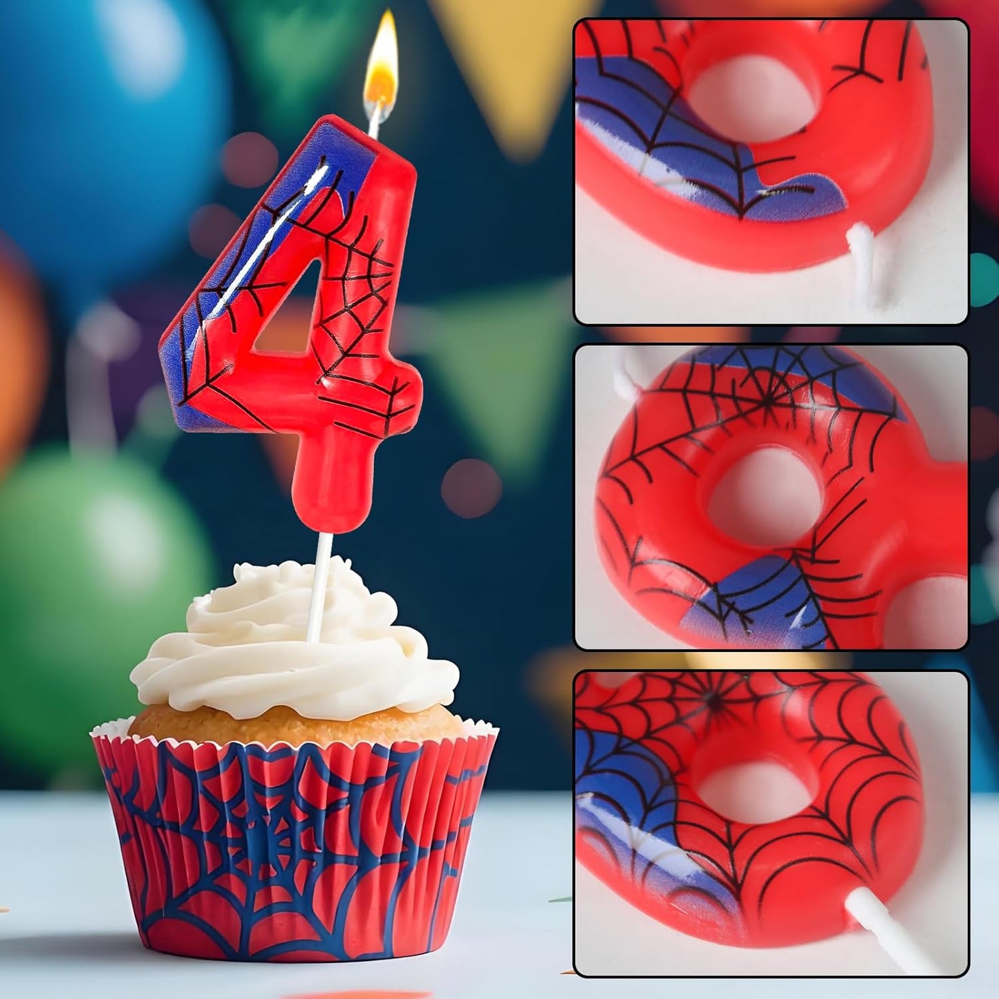Red Blue Spider 4th Birthday Candles, Spider Cartoon Themed Happy Candle Cake Toppers 4th Birthday Cake Decorations for Boys Girls Children Party Supplies Spider Decorations (4)