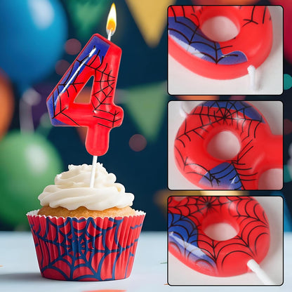 Red Blue Spider 4th Birthday Candles, Spider Cartoon Themed Happy Candle Cake Toppers 4th Birthday Cake Decorations for Boys Girls Children Party Supplies Spider Decorations (4)