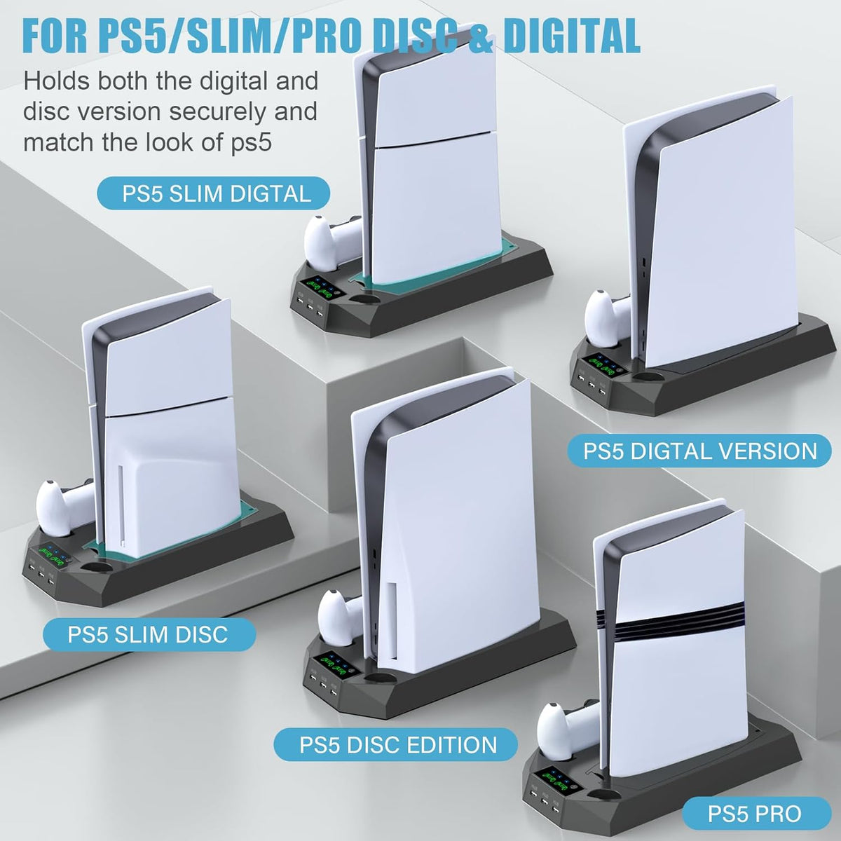 PS5/PS5 Slim/PS5 Pro Stand and Cooling Station with Dual Controller Charging Station for PlayStation 5 Console, PS5 Accessories Incl. Controller Charger, Cooling Fan, Headset Holder, 3 USB Hub, Black