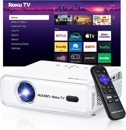 Aurzen Roku TV Smart Projector with Wifi and Bluetooth, Roku TV Built-in, 1080P FHD, DoIby Audio, Auto Focus & Keystone, Zoom, Movie Portable Outdoor Mini Projector for Soccer Football Game, White