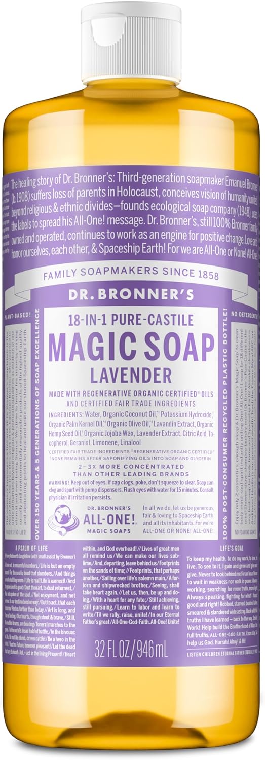 Dr. Bronner's Pure-Castile Liquid Soap, Made with Organic Oils, 18-in-1 Uses: Face, Body, Hair, Laundry, Pets and Dishes, Concentrated, Vegan, Non-GMO, Lavender, 32 Oz