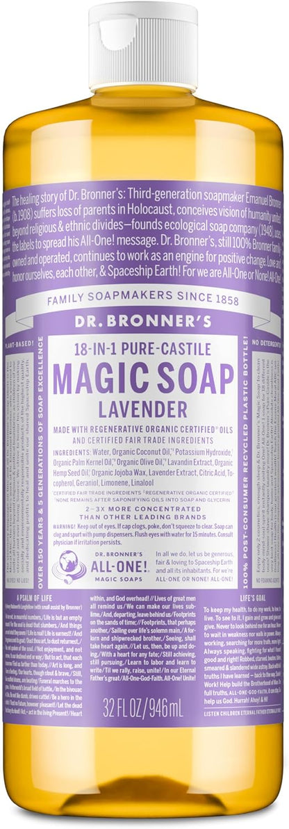 Dr. Bronner's Pure-Castile Liquid Soap, Made with Organic Oils, 18-in-1 Uses: Face, Body, Hair, Laundry, Pets and Dishes, Concentrated, Vegan, Non-GMO, Lavender, 32 Oz