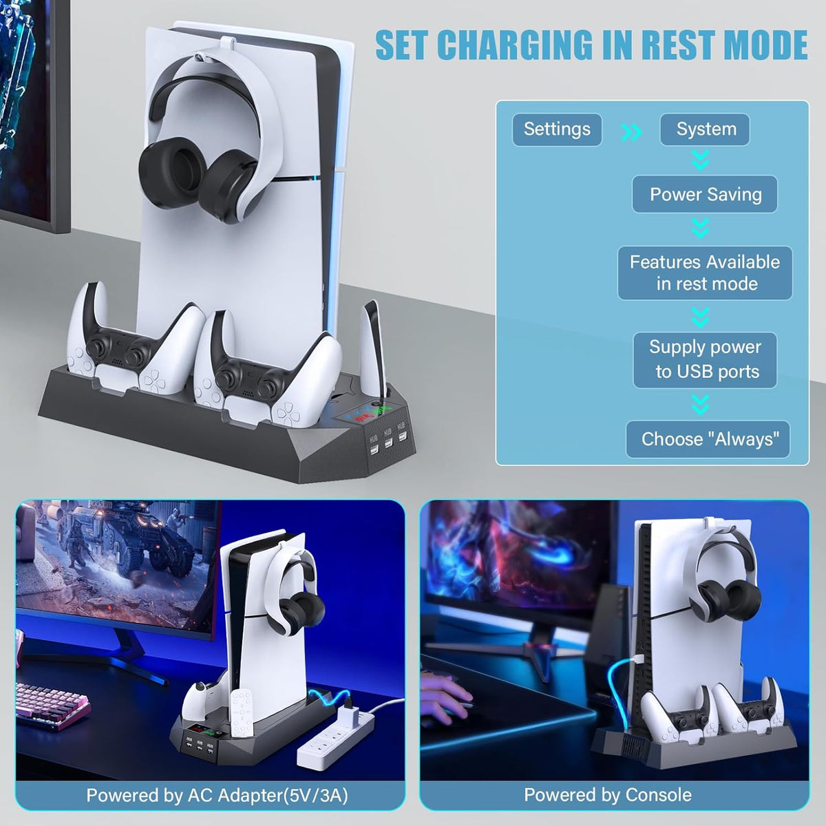 PS5/PS5 Slim/PS5 Pro Stand and Cooling Station with Dual Controller Charging Station for PlayStation 5 Console, PS5 Accessories Incl. Controller Charger, Cooling Fan, Headset Holder, 3 USB Hub, Black