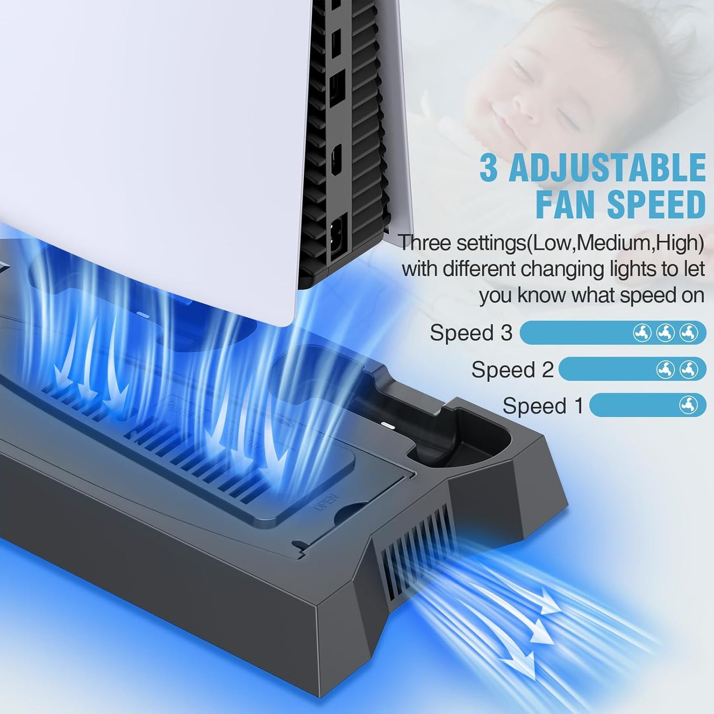 PS5/PS5 Slim/PS5 Pro Stand and Cooling Station with Dual Controller Charging Station for PlayStation 5 Console, PS5 Accessories Incl. Controller Charger, Cooling Fan, Headset Holder, 3 USB Hub, Black