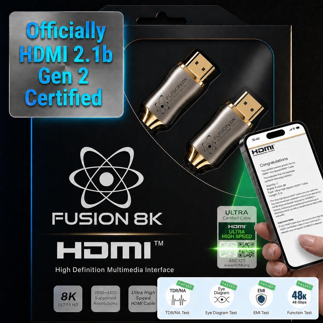 Fusion8K Certified HDMI 2.1 Cable 48Gbps 6 Feet - 10K 8K@60Hz 4K@120Hz 144Hz | eARC HDR10 Dolby Vision HDCP 2.3 | Braided Cord for PS5, Xbox Series X, Apple TV 4K, Roku, OLED TV