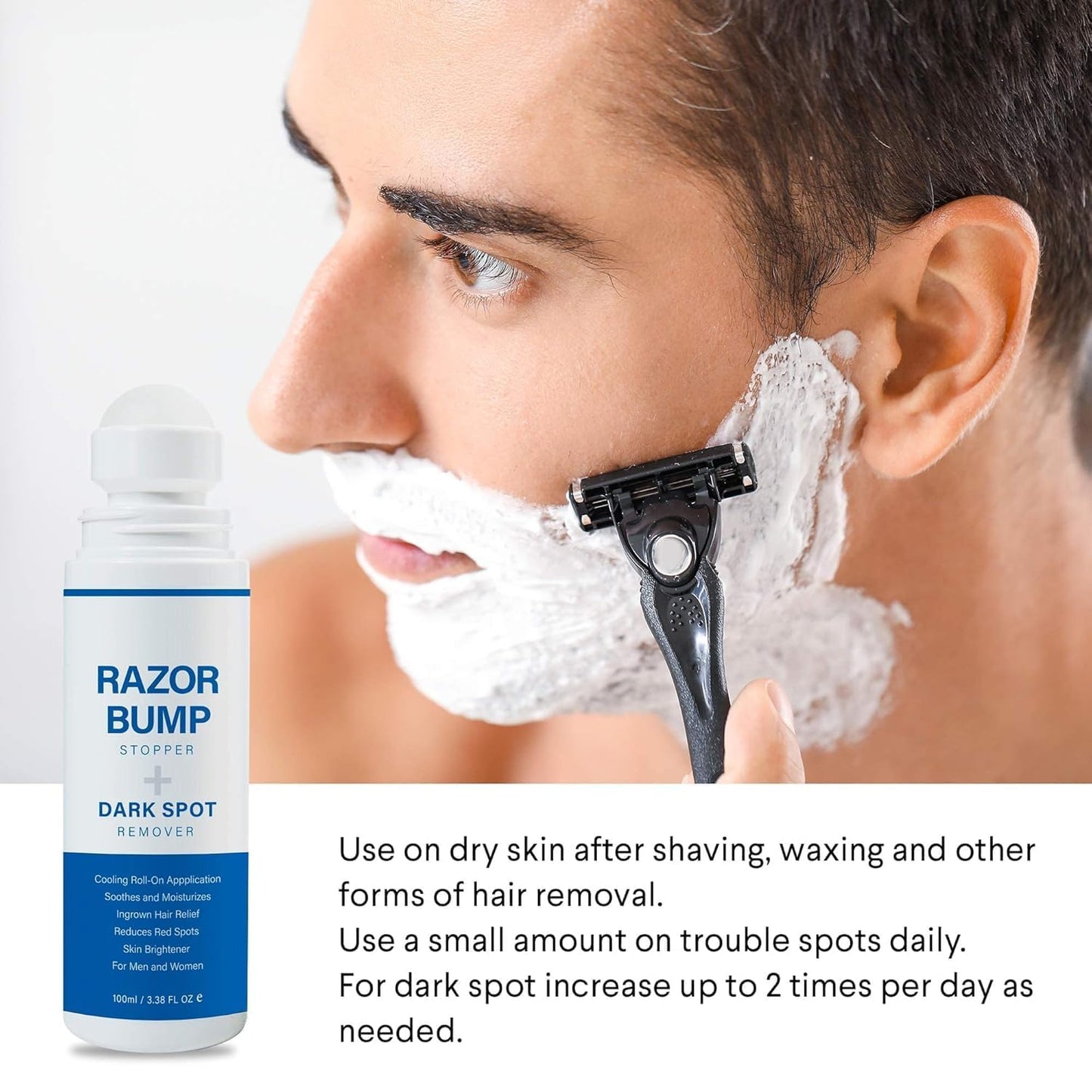 Razor Bump Stopper with Ingrown Hair Treatment: Razor Bumps Treatment for Men and Women, After Shave Solution for Ingrown Hairs and Razor Burns, Roll on Applicator - 3.38 Fl Oz