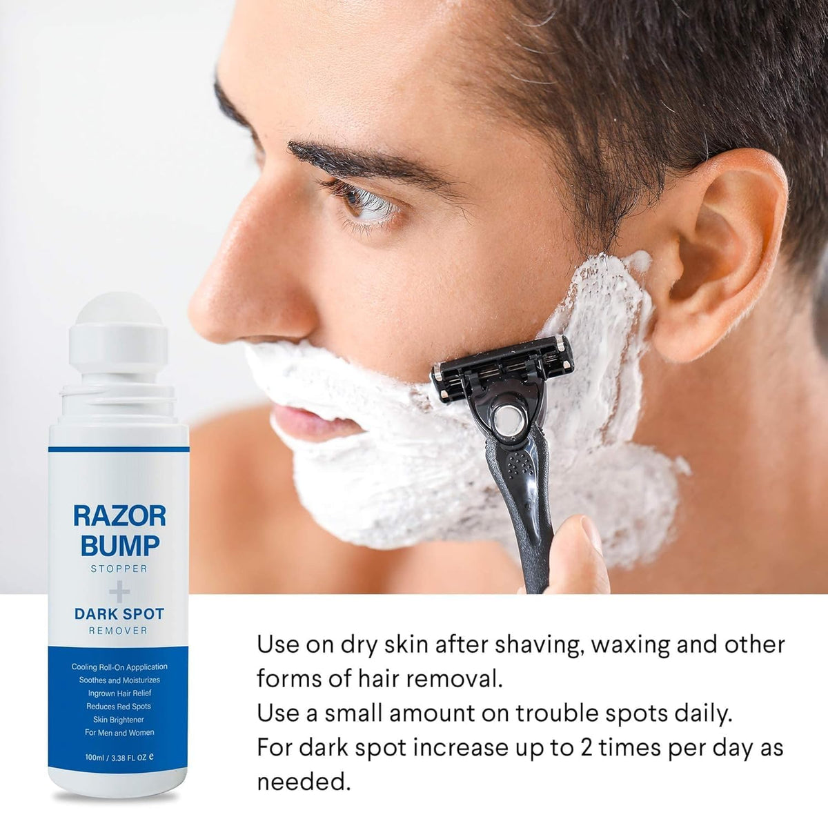 Razor Bump Stopper with Ingrown Hair Treatment: Razor Bumps Treatment for Men and Women, After Shave Solution for Ingrown Hairs and Razor Burns, Roll on Applicator - 3.38 Fl Oz