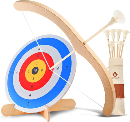 BOWRILLA® Kids Bow and Arrow Set | Wooden Archery Toy for Boys & Girls Ages 3+, Bow and Arrow for Kids | Includes 6 Suction Cup Arrows, Wooden Target & Cotton Quiver | Indoor & Outdoor Play