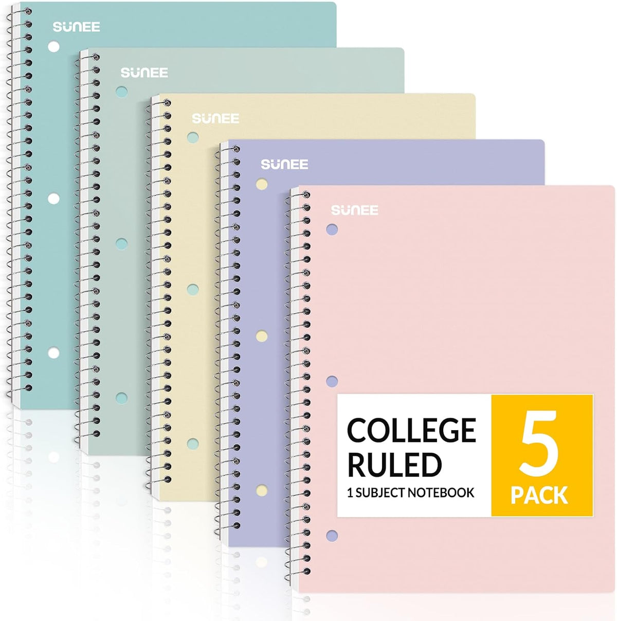 SUNEE Spiral Notebooks, 1-Subject, 5 Pack, College Ruled Paper, 8