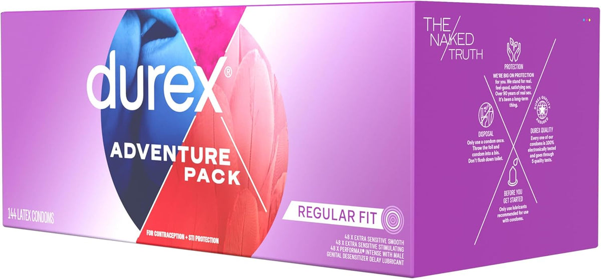 Durex Condoms Variety Adventure Pack, Mix of Durex Extra Sensitive Smooth & Stimulating & Performax Intense Ribbed & Dotted Latex Condoms, 144 Count