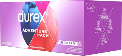Durex Condoms Variety Adventure Pack, Mix of Durex Extra Sensitive Smooth & Stimulating & Performax Intense Ribbed & Dotted Latex Condoms, 144 Count