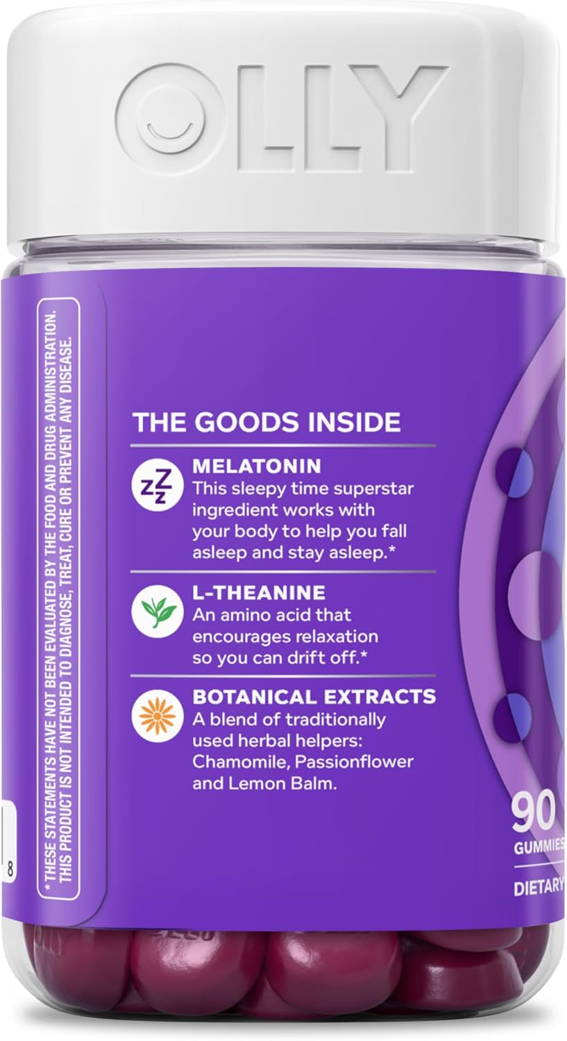 OLLY Sleep Gummy, 3mg Melatonin, L-Theanine, Chamomile, Lemon Balm, Sleep Aid, BlackBerry, 90 Count
