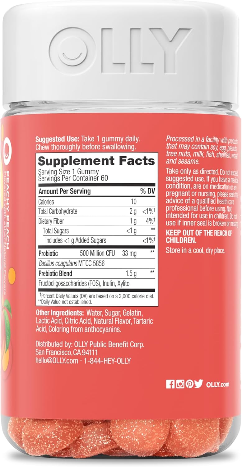 OLLY Probiotic + Prebiotic Gummy, Digestive Support and Gut Health, 500 Million CFUs, Fiber, Adult Chewable Supplement for Men and Women, Peach, 60 Day Supply - 60 Count