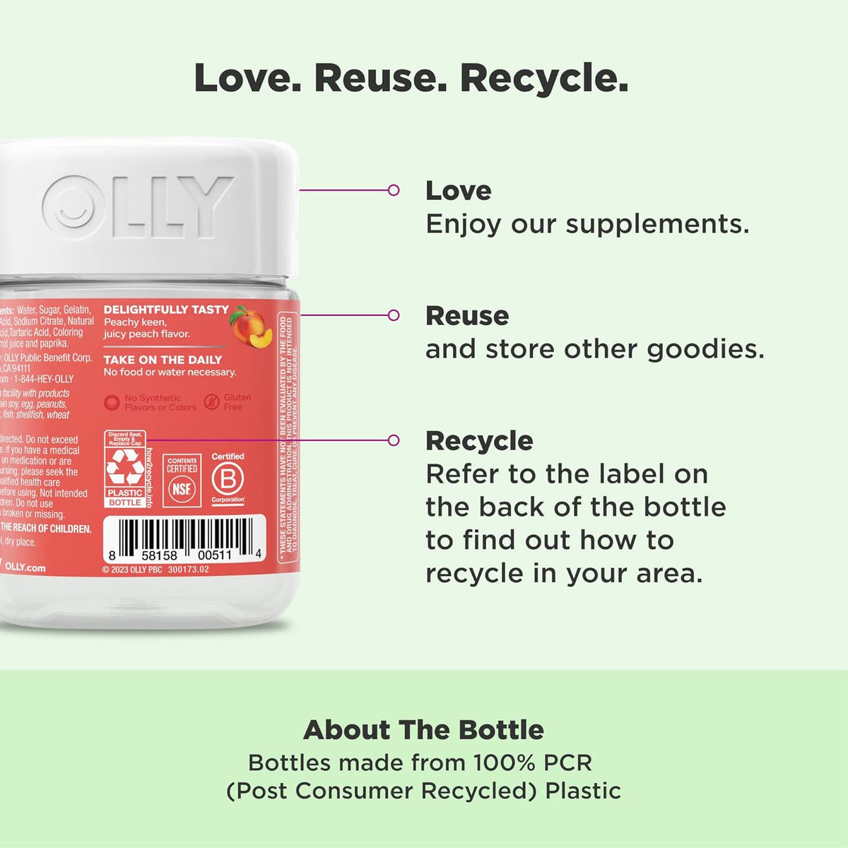 OLLY Probiotic + Prebiotic Gummy, Digestive Support and Gut Health, 500 Million CFUs, Fiber, Adult Chewable Supplement for Men and Women, Peach, 60 Day Supply - 60 Count