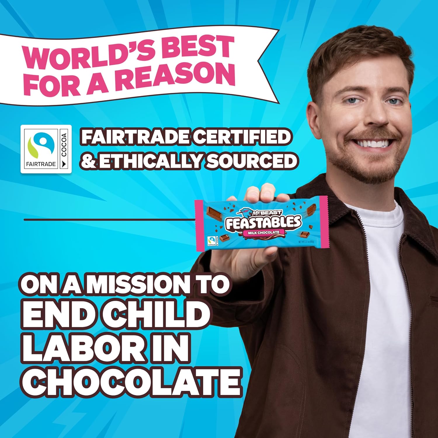 MrBeast Feastables Milk Chocolate Bar, King Size, 10 Count, Creamy Milk Chocolate Candy, Fairtrade Cocoa, 2.1oz Each