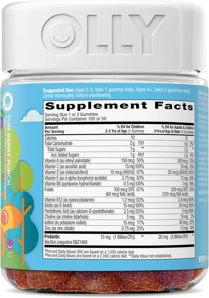 OLLY Kids Multivitamin & Probiotic Gummy, Digestive Support, Vitamins A, D, C, E, B, Zinc, Chewable Supplement, Berry Flavored, 50 Day Supply - 100 Count