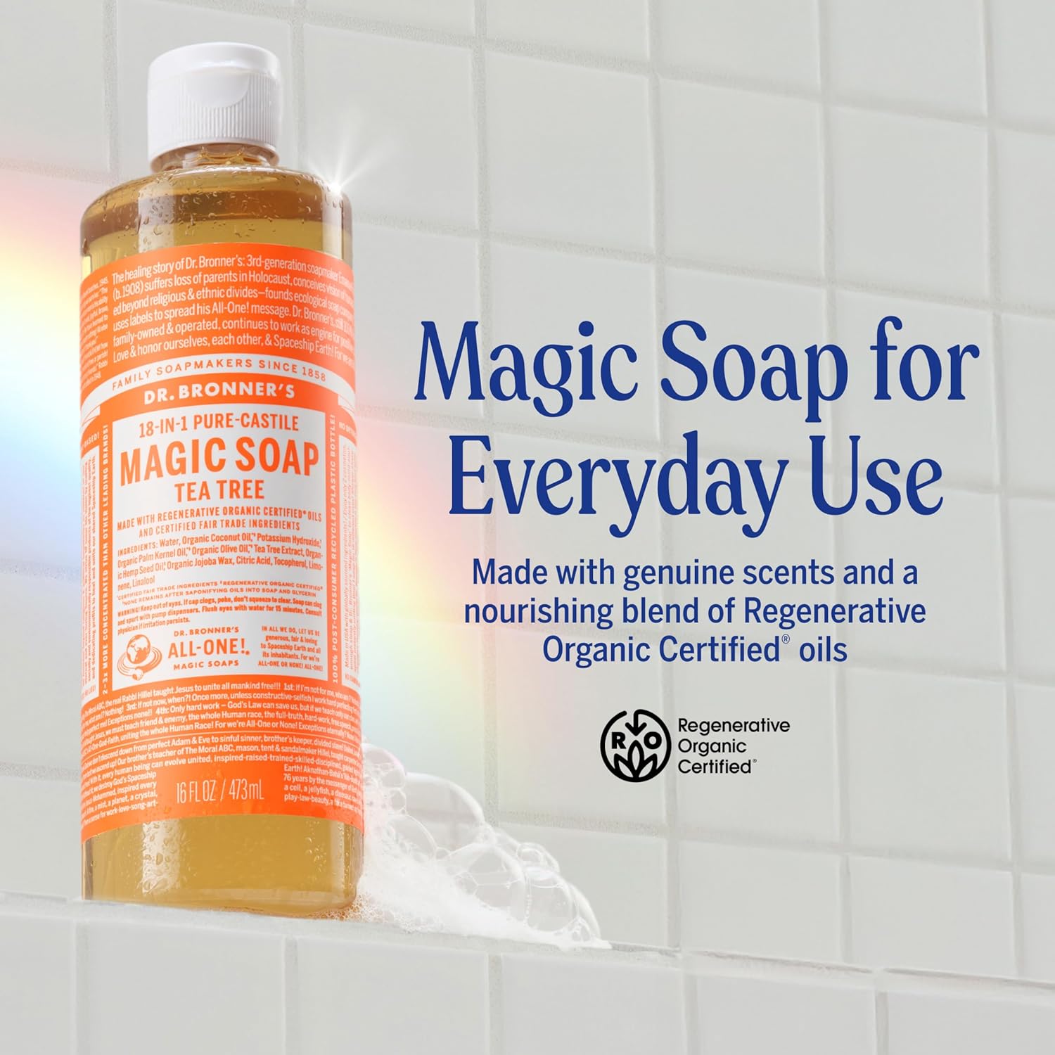 Dr. Bronner's Pure-Castile Magic Soap Liquid (Tea Tree, 32 ounce, 2-Pack) - Made with Regenerative Organic Certified Oils, 18-in-1 Uses: Body, Hair, Laundry & Dishes, Concentrated, Vegan, Non-GMO