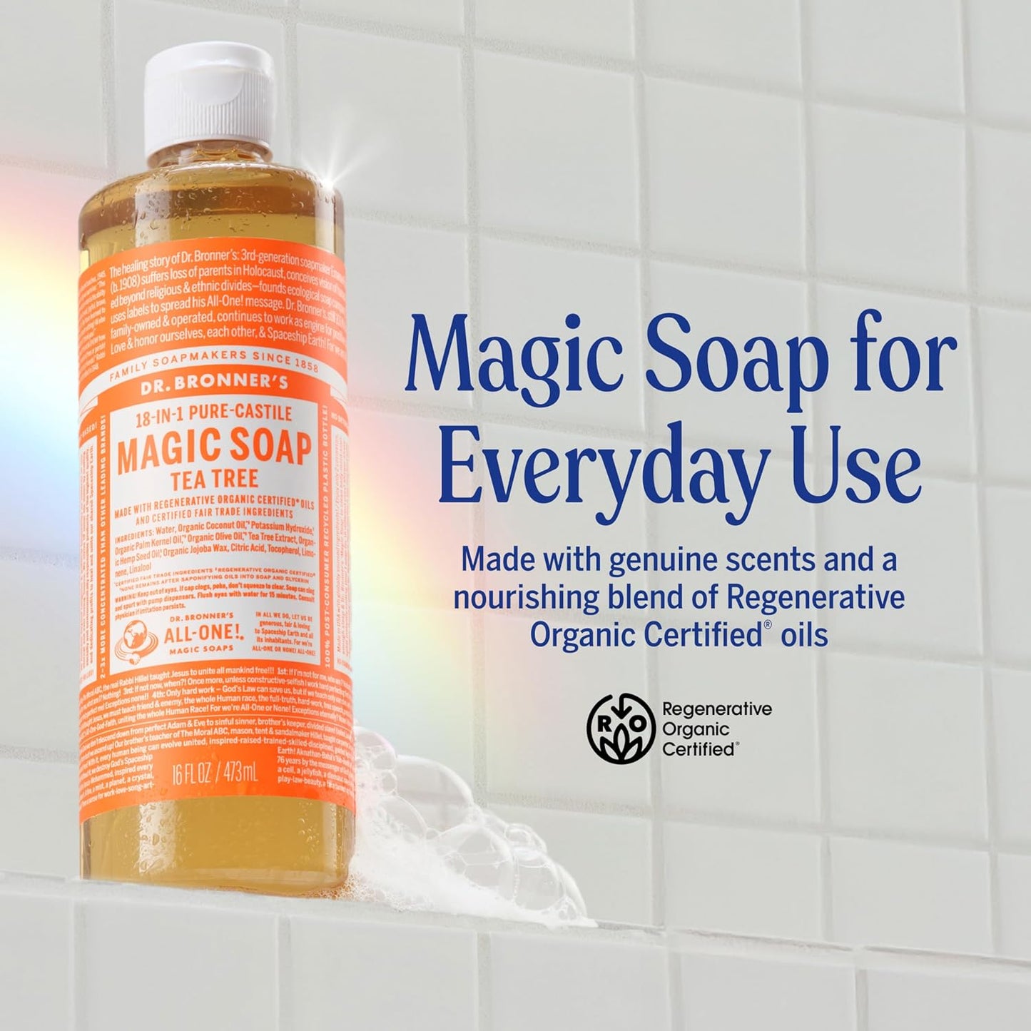 Dr. Bronner's Pure-Castile Magic Soap Liquid (Tea Tree, 32 ounce, 2-Pack) - Made with Regenerative Organic Certified Oils, 18-in-1 Uses: Body, Hair, Laundry & Dishes, Concentrated, Vegan, Non-GMO