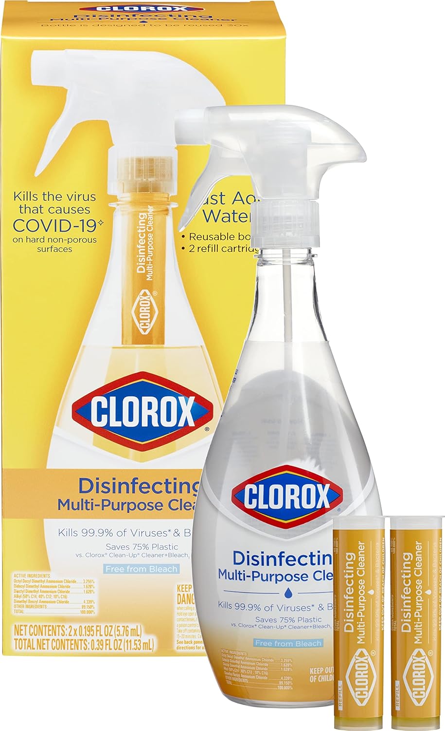 Clorox Disinfecting Multi-Purpose Cleaner Starter Kit, Household Essentials, One Reusable Spray Bottle Plus 2 Refills