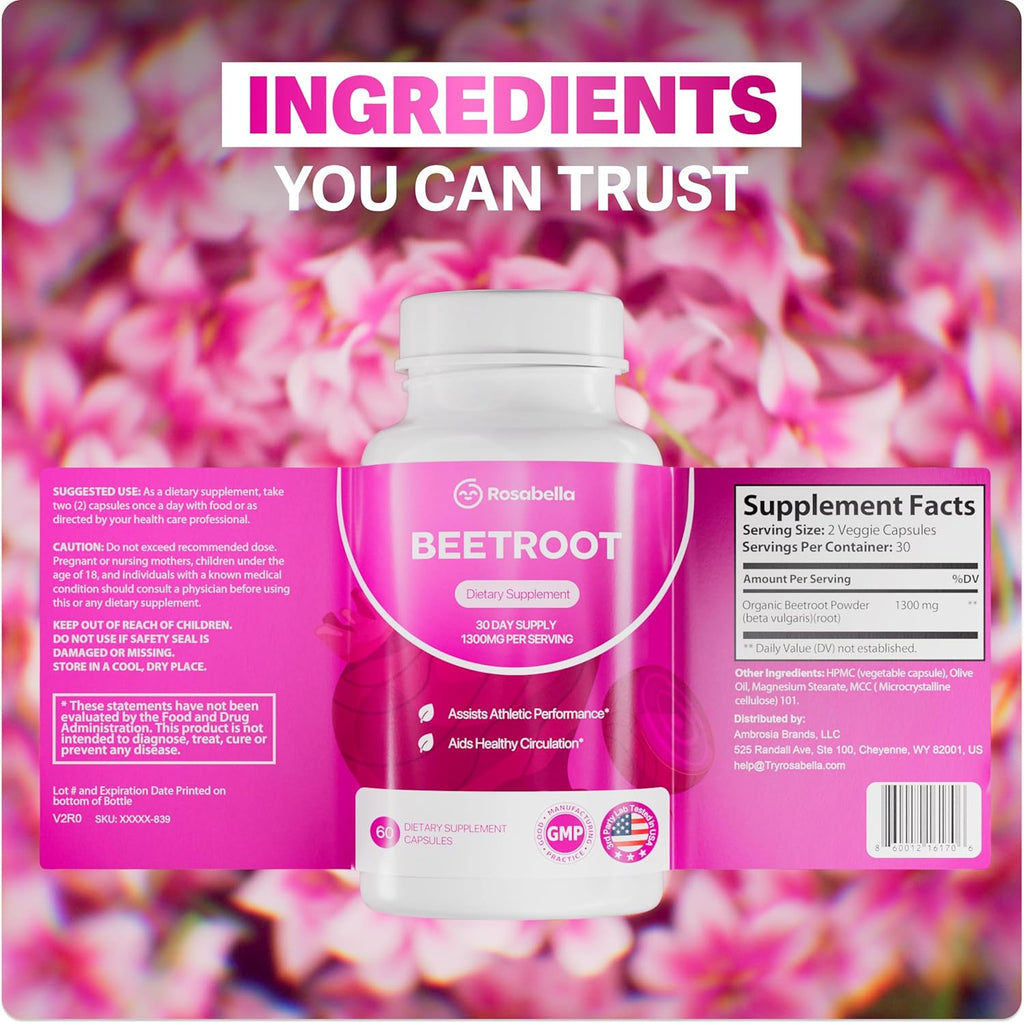Rosabella Organic Beet Root Capsules - 1300mg Beet Root Powder Aids Healthy Circulation & Vitality, Non-GMO, Beet Root Supplement - 60 Capsules, 30-Day Supply