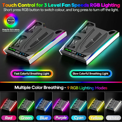 PS5/Slim/Pro Stand for Disc & Digital Console, PS5 Cooling & Charging Station with RGB Lights, PS5 Controller Charger Built-in 3 Level & AUTO Adjustable Fan, PS5/Slim/Pro Accessories Comes 3 USB Ports