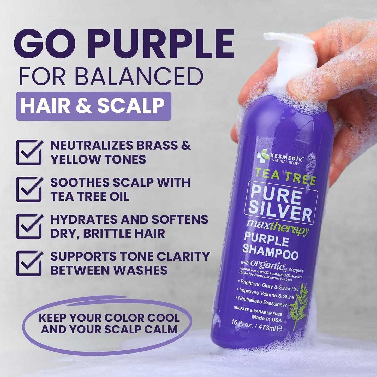 KESMEDIK Tea Tree Purple Shampoo with Rosemary & Aloe, Professional Anti Brass Toner, Removes Yellow Tones for Gray, Bleached, White & Blonde Hair, Nourishes & Refreshes Scalp, Sulfate-Free, 16 fl oz