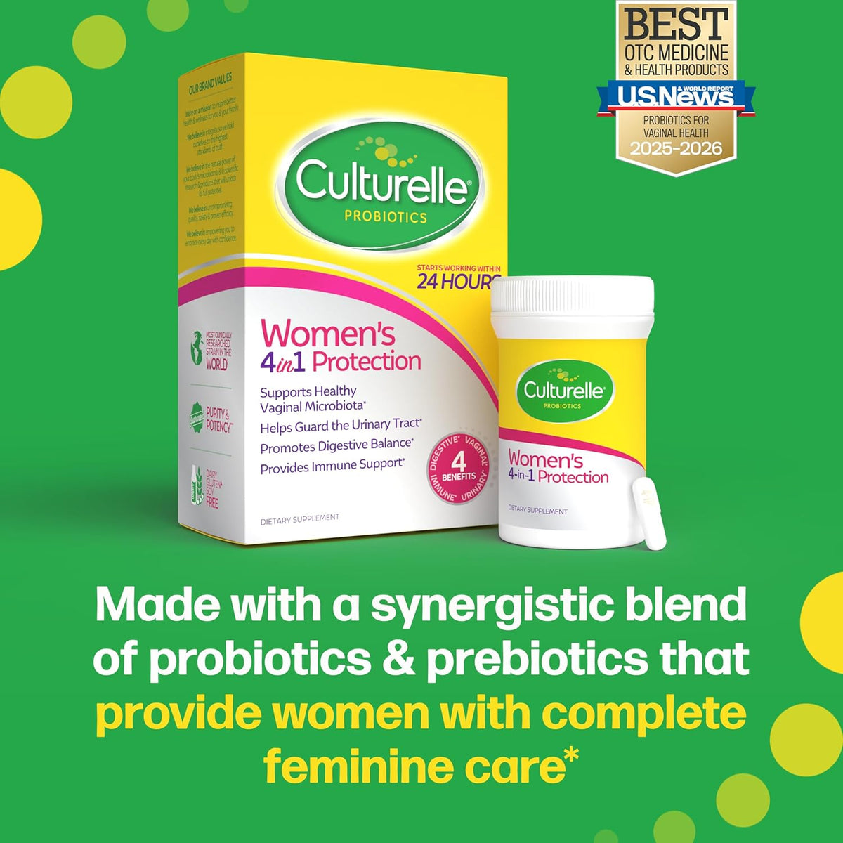 Culturelle Probiotics for Women with Prebiotics - 4-in-1 for Vaginal, Digestive, Urinary & Immune Health - pH Balance, Bloating & Gas Relief - Daily Vegetarian Capsules, Non-GMO - 30 Count
