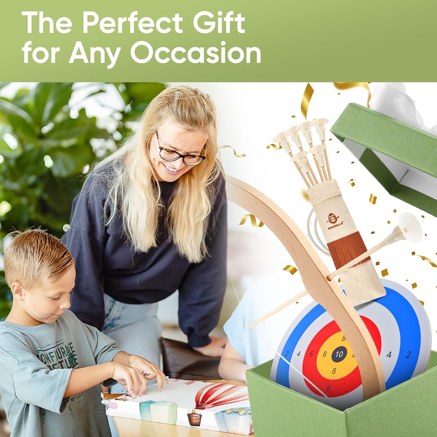 BOWRILLA® Kids Bow and Arrow Set | Wooden Archery Toy for Boys & Girls Ages 3+, Bow and Arrow for Kids | Includes 6 Suction Cup Arrows, Wooden Target & Cotton Quiver | Indoor & Outdoor Play