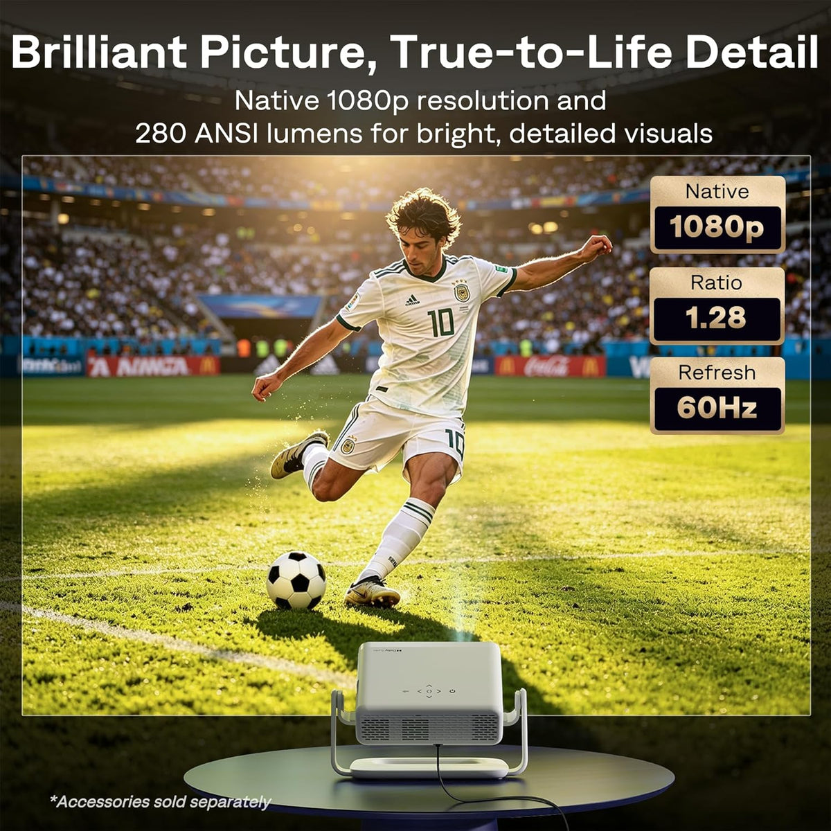 Aurzen Roku TV Smart Projector with Wifi and Bluetooth, Roku TV Built-in, 1080P FHD, DoIby Audio, Auto Focus & Keystone, Zoom, Movie Portable Outdoor Mini Projector for Soccer Football Game, White
