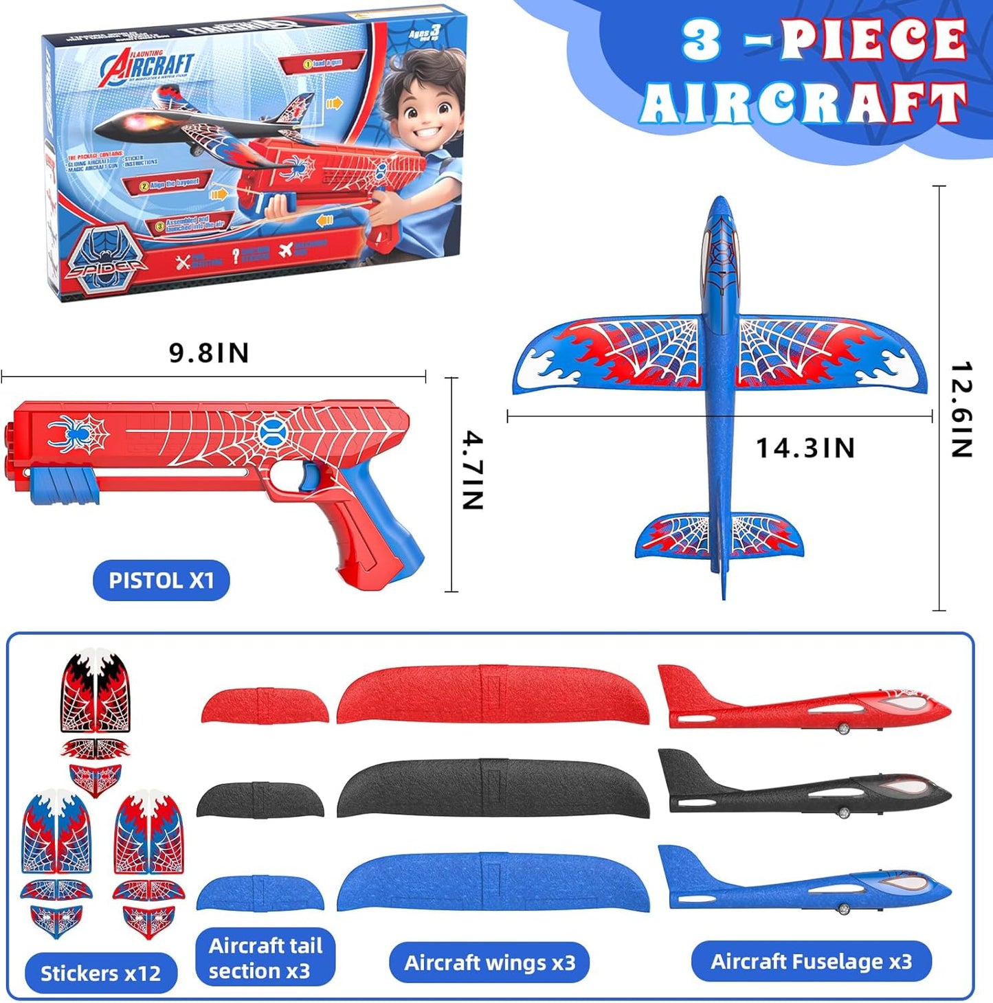 Doloowee Foam Airplane Launcher Toys for Kids 4-8, Outdoor Sport Flying Toys, 3 Pack 12.6" Foam Glider LED Plane, 1 Catapult with 3 Foam Planes, Gifts for 3 4 5 6 7 8 9 10 12 Year Old Boys Girls