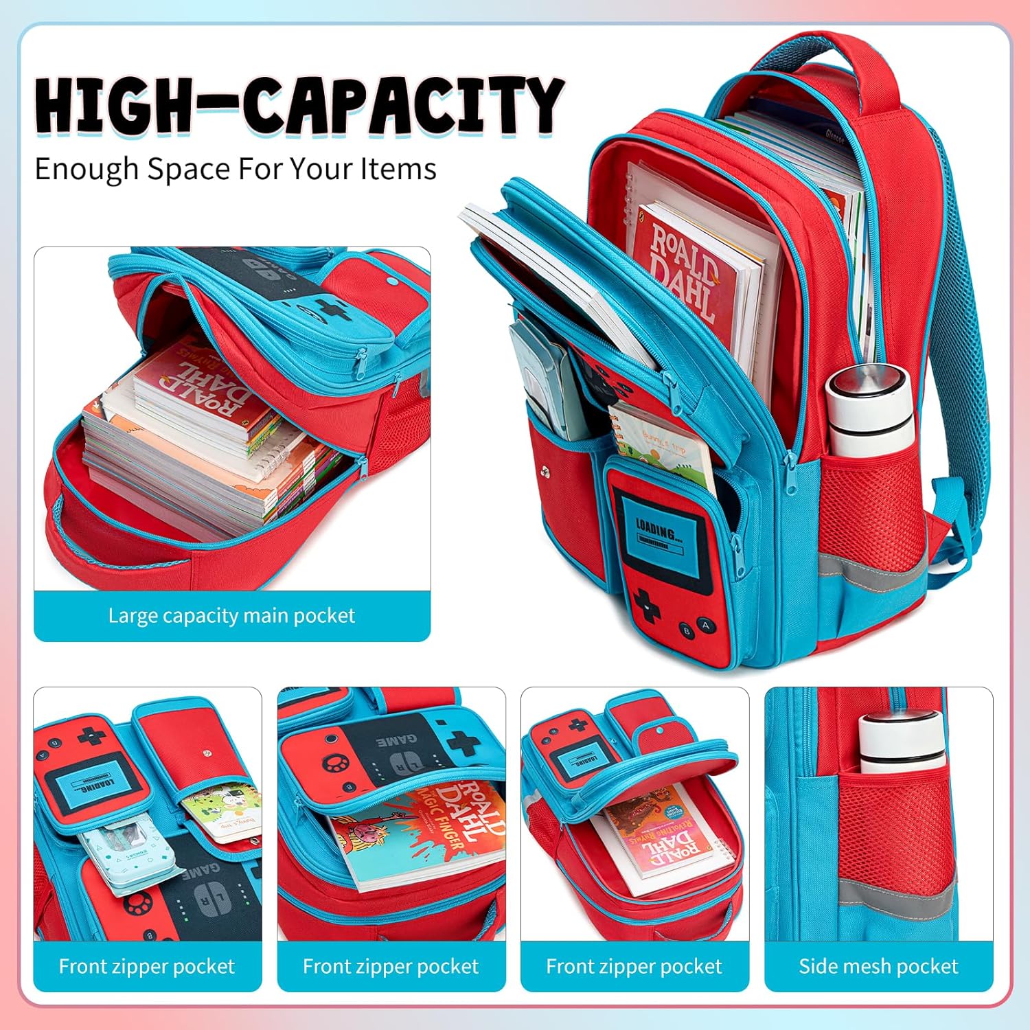 Backpack for Boys Bookbag Video Game Bookbag stylish kids travel backpack for boys 6-18, Kids Junior High School Primary School Back pack (Red-blue)