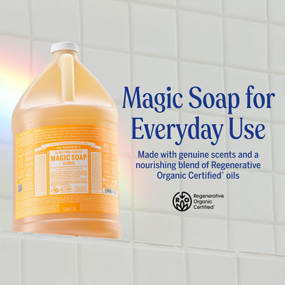 Dr. Bronner's Pure-Castile Magic Soap Liquid (Citrus, 1 Gallon) - Made with Regenerative Organic Certified Oils, 18-in-1 Uses: Face, Body, Hair, Laundry, Pets and Dishes, Concentrated, Vegan, Non-GMO