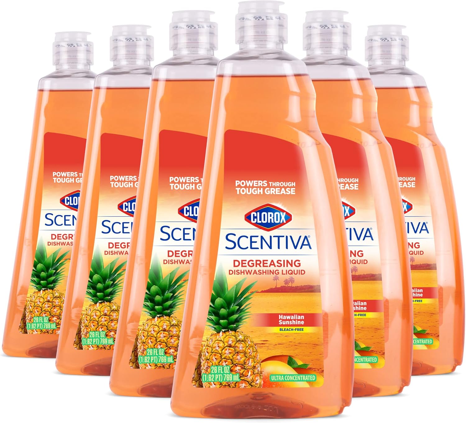 Clorox Scentiva Liquid Dish Soap, Hawaiian Sunshine Scent - Ultra-Concentrated Dishwashing Detergent That Cuts Through Grease and Tackles Tough Messes, Bleach-Free, 26 Fl Oz - 6 Pack