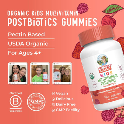 MARYRUTH'S Kids Vitamins USDA Organic | Multivitamin Gummies + Postbiotics for Ages 4+ | Multivitamin for Kids with Lactobacillus Rhamnosus | Children’s Vitamins | Vegan | Non-GMO | 60 Count